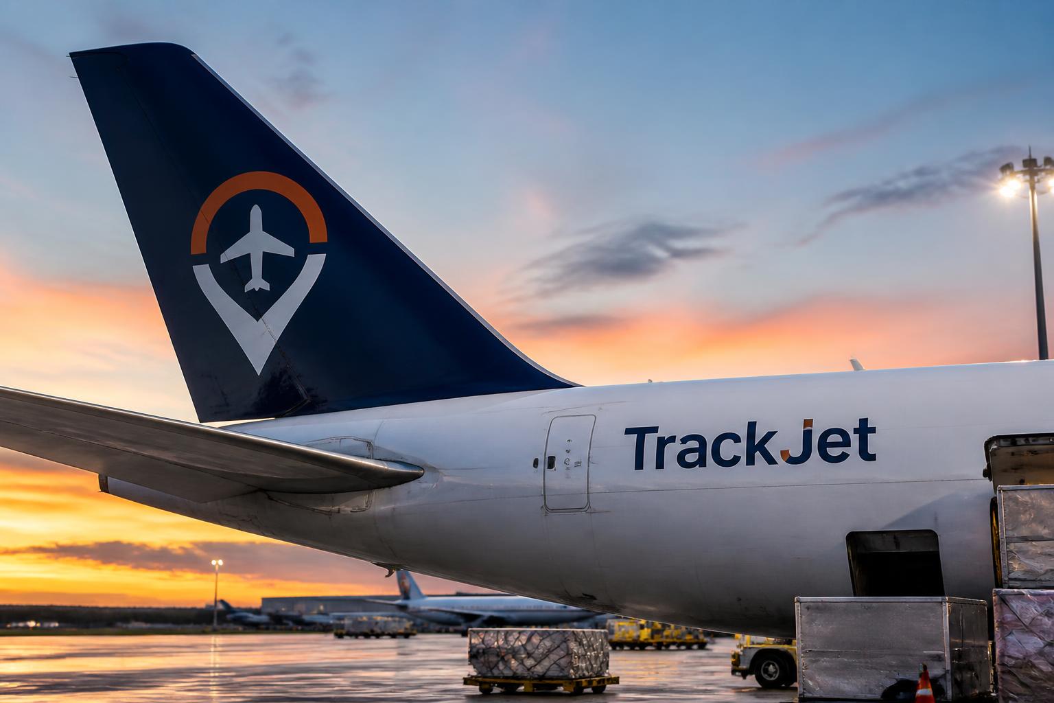 TrackJet cargo aircraft being loaded at dusk