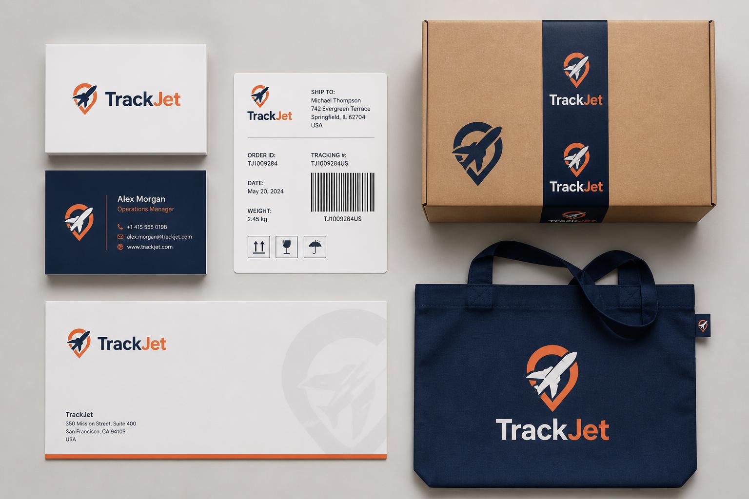 TrackJet business cards, shipping label, parcel and tote