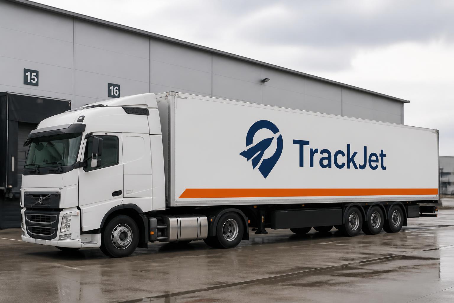 TrackJet branded delivery truck at a logistics depot